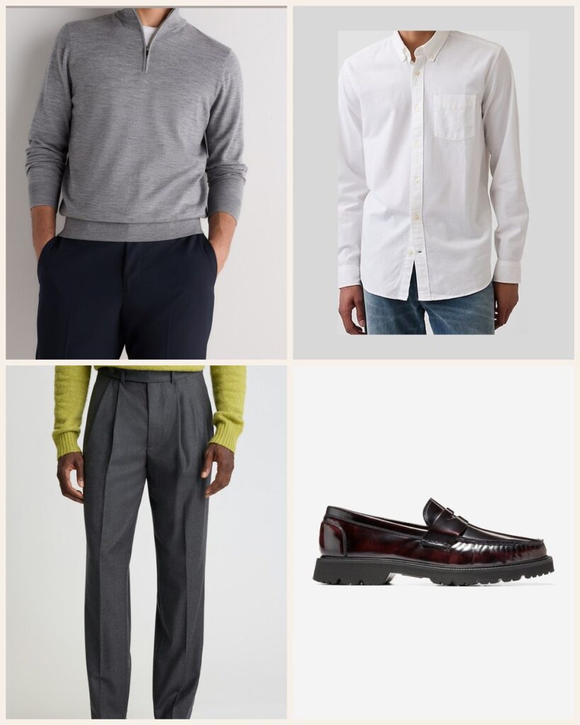 The Family Dinner: Soft Greys Warmed Up With Burgundy Loafers: Quince Worsted Wool Quarterzip in Light Heather Grey, Gap Oxford Button-Down Shirt in White, Bonobos Italian Pleated Wool Trouser in Charcoal, Cole Haan American Classics Penny Loafer in Deep Burgundy-Black