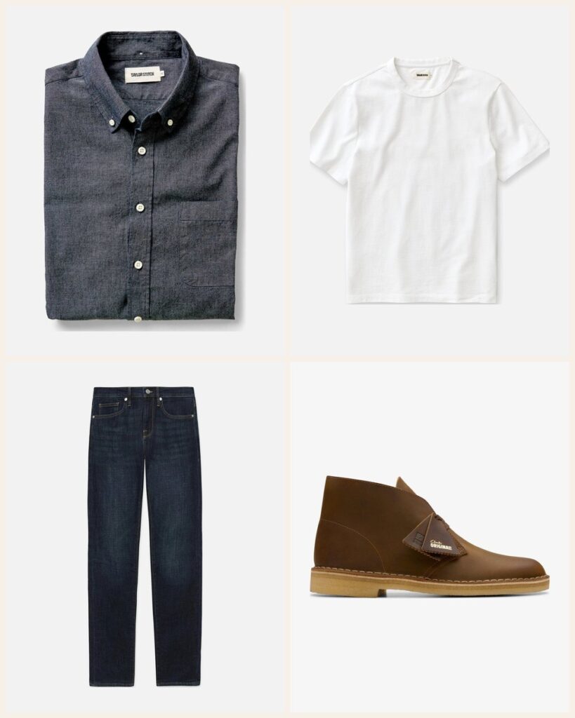 The Game Day Hang: An Open Chambray Over a White Tee: Taylor Stitch The Jack in Rinsed Indigo Chambray in Rinsed Indigo Chambray, Taylor Stitch The Organic Cotton Shop Tee in White, Frame L'Homme Slim in Baltic, Clarks Desert Boot in Beeswax Leather