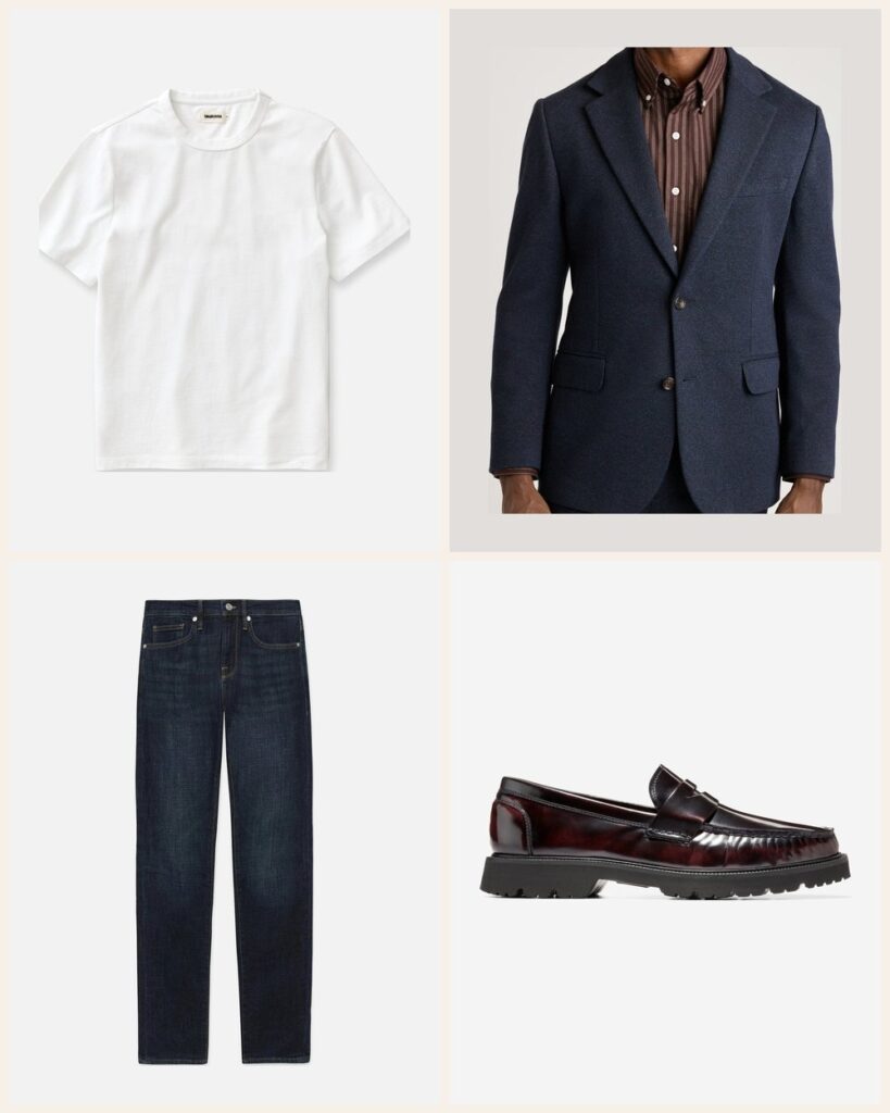 The Gallery Opening: A Blazer and White Tee That Never Tries Too Hard: Taylor Stitch The Organic Cotton Shop Tee in White, Bonobos Jetsetter Knit Blazer in Navy Marl Twill, Frame L'Homme Slim in Baltic, Cole Haan American Classics Penny Loafer in Deep Burgundy-Black