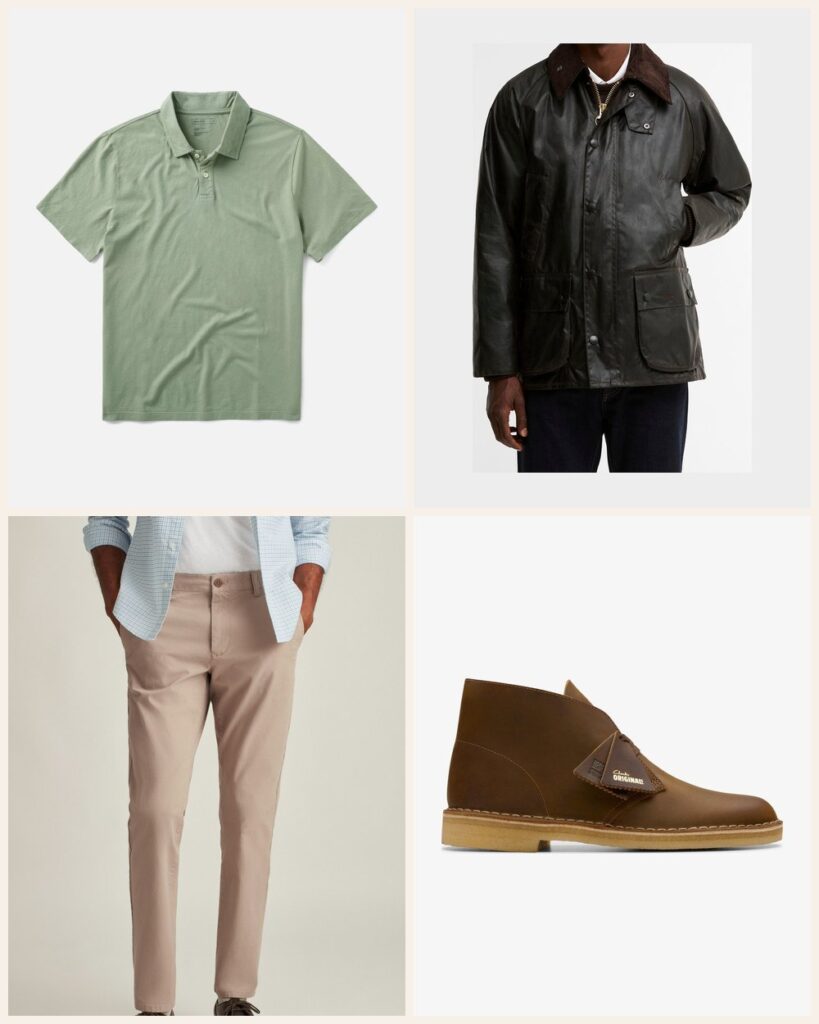 The Road Trip: Greens and Khaki for Long Hours Behind the Wheel: Taylor Stitch The Cotton Hemp Polo in Sage, Barbour Bedale Waxed Jacket in Rustic, Bonobos The Chino 2.0 in The Khakis, Clarks Desert Boot in Beeswax Leather