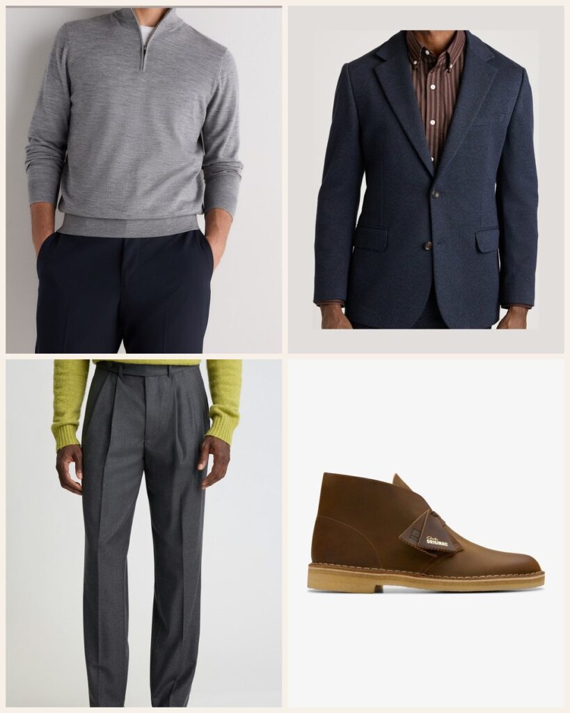 The Cold Office Day: A Quarter Zip Under a Blazer: Quince Worsted Wool Quarterzip in Light Heather Grey, Bonobos Jetsetter Knit Blazer in Navy Marl Twill, Bonobos Italian Pleated Wool Trouser in Charcoal, Clarks Desert Boot in Beeswax Leather