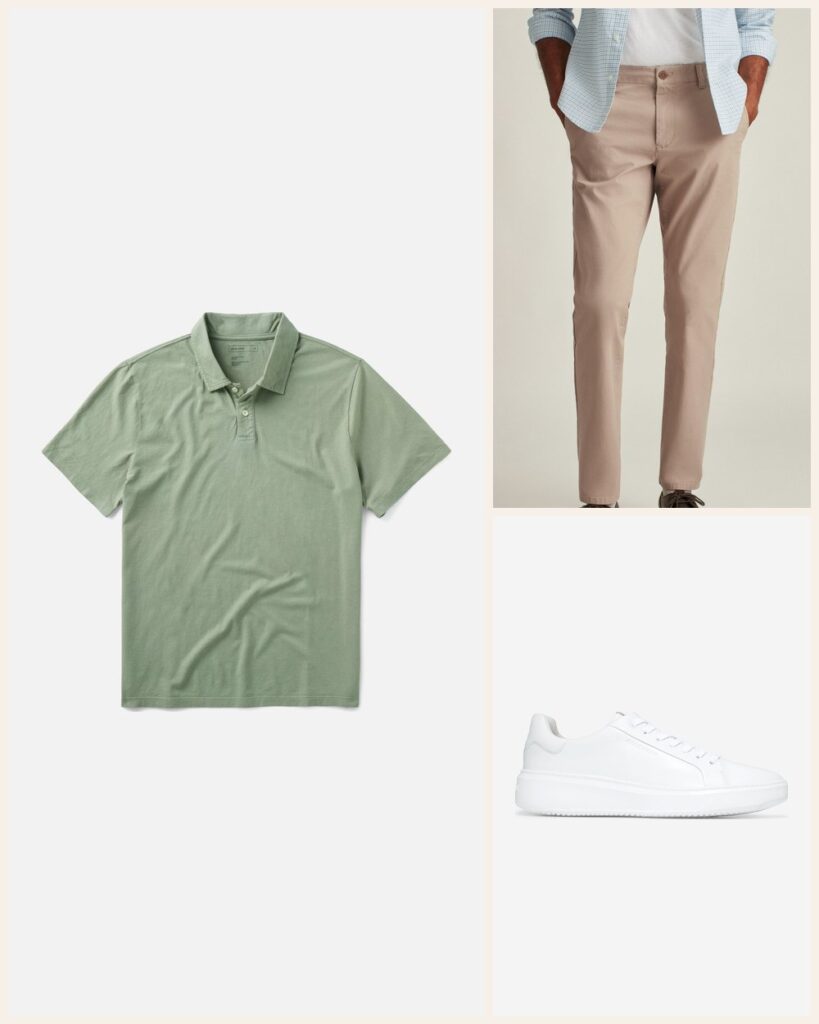 The Farmers Market Morning: Sage, Khaki and Clean White Sneakers: Taylor Stitch The Cotton Hemp Polo in Sage, Bonobos The Chino 2.0 in The Khakis, Cole Haan GrandPro Topspin Sneaker in Optic White