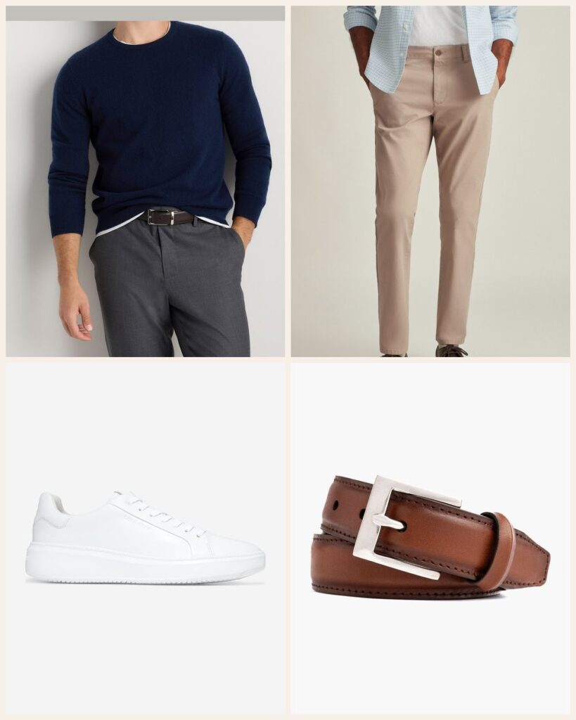 The Saturday Errands: Cozy Cashmere That Still Looks Sharp: Quince Mongolian Cashmere Crewneck Sweater in True Navy, Bonobos The Chino 2.0 in The Khakis, Cole Haan GrandPro Topspin Sneaker in Optic White, Thursday Boot Company Men's Classic Leather Belt in Brandy