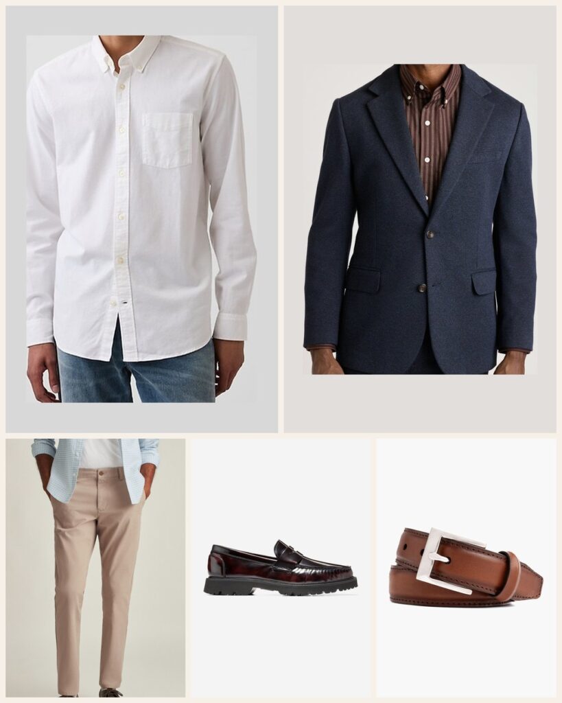The Big Presentation: Navy and Khaki for the Front of the Room: Gap Oxford Button-Down Shirt in White, Bonobos Jetsetter Knit Blazer in Navy Marl Twill, Bonobos The Chino 2.0 in The Khakis, Cole Haan American Classics Penny Loafer in Deep Burgundy-Black, Thursday Boot Company Men's Classic Leather Belt in Brandy