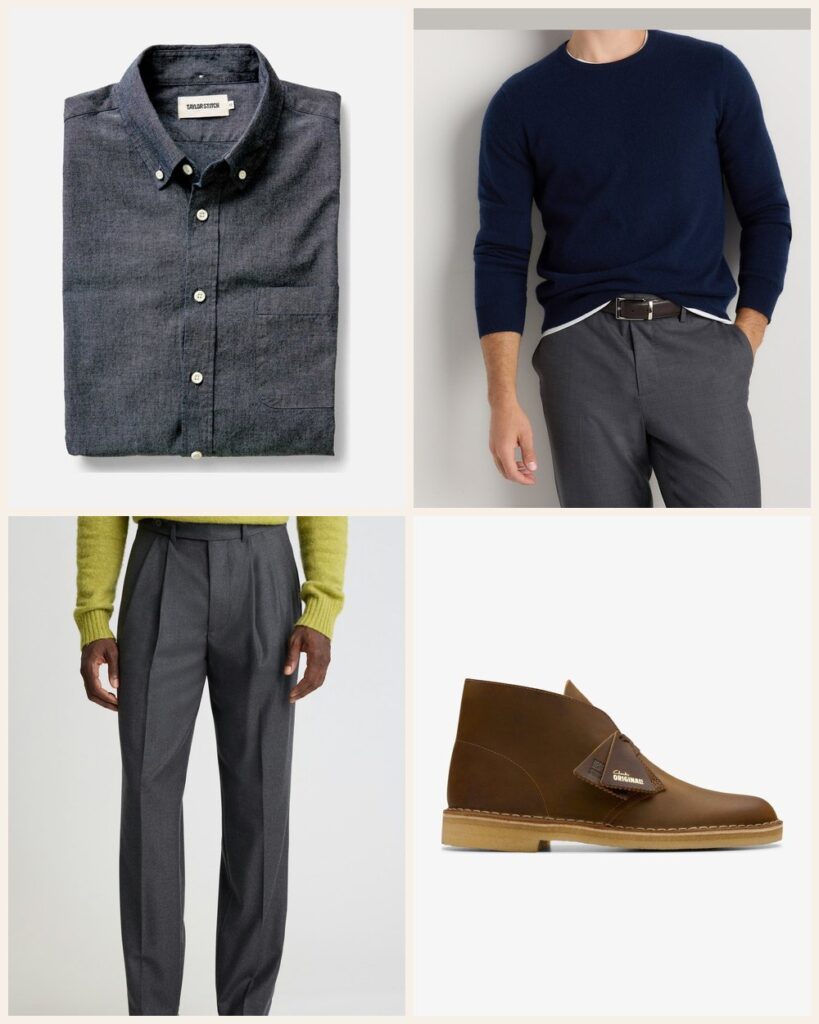 The Dinner With Friends: Layered Blues and Easy Desert Boots: Taylor Stitch The Jack in Rinsed Indigo Chambray in Rinsed Indigo Chambray, Quince Mongolian Cashmere Crewneck Sweater in True Navy, Bonobos Italian Pleated Wool Trouser in Charcoal, Clarks Desert Boot in Beeswax Leather