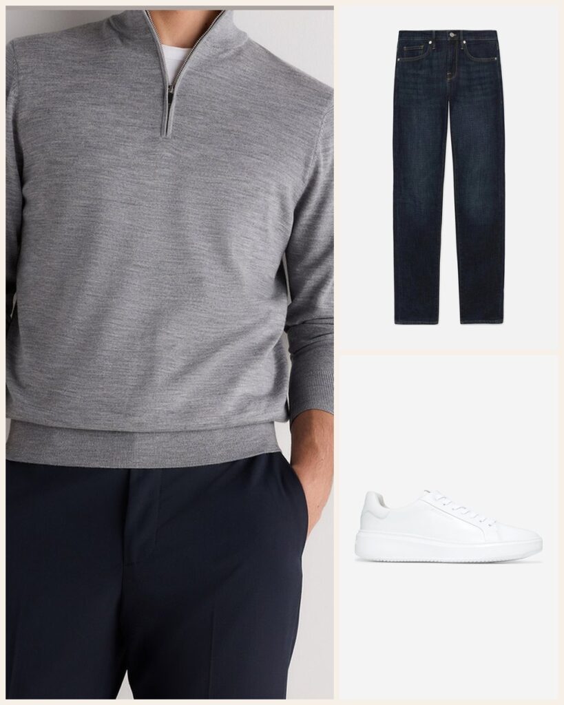 The Lazy Sunday: A Quarter Zip and Jeans for a Slow Day: Quince Worsted Wool Quarterzip in Light Heather Grey, Frame L'Homme Slim in Baltic, Cole Haan GrandPro Topspin Sneaker in Optic White