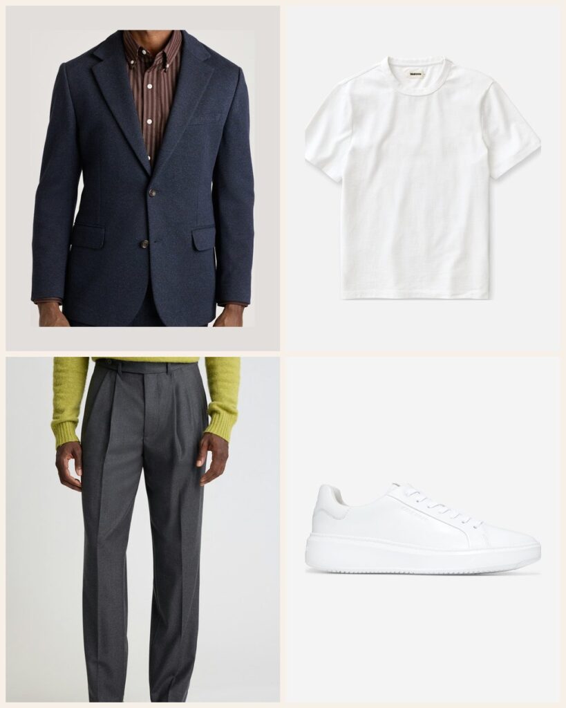 The Conference Trip: A Blazer and Sneakers for Long Days on Your Feet: Bonobos Jetsetter Knit Blazer in Navy Marl Twill, Taylor Stitch The Organic Cotton Shop Tee in White, Bonobos Italian Pleated Wool Trouser in Charcoal, Cole Haan GrandPro Topspin Sneaker in Optic White