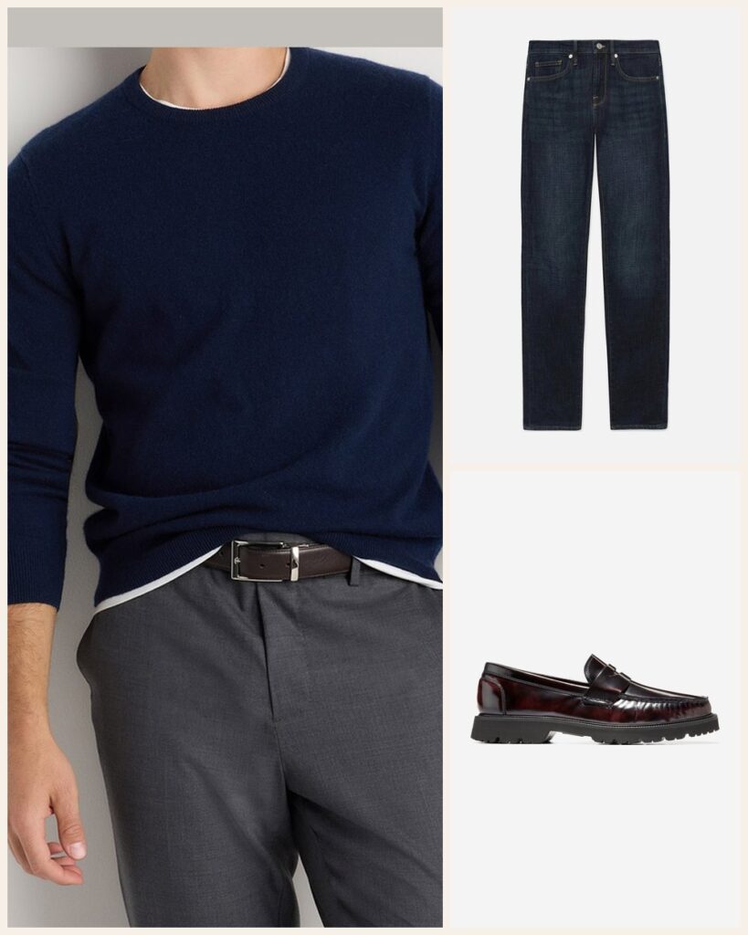 The Dark Denim Date: Cashmere, Indigo and a Flash of Burgundy: Quince Mongolian Cashmere Crewneck Sweater in True Navy, Frame L'Homme Slim in Baltic, Cole Haan American Classics Penny Loafer in Deep Burgundy-Black