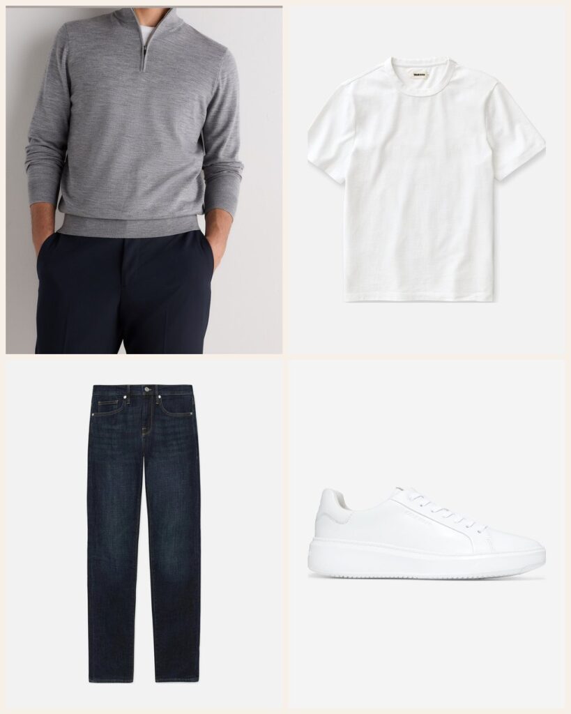 The Carry On Only Trip: Easy Layers for Long Airport Days: Quince Worsted Wool Quarterzip in Light Heather Grey, Taylor Stitch The Organic Cotton Shop Tee in White, Frame L'Homme Slim in Baltic, Cole Haan GrandPro Topspin Sneaker in Optic White
