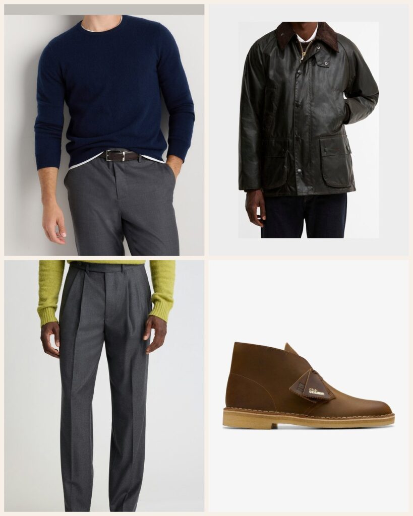 The Frosty Commute: Waxed Cotton and Cashmere for a Cold Walk In: Quince Mongolian Cashmere Crewneck Sweater in True Navy, Barbour Bedale Waxed Jacket in Rustic, Bonobos Italian Pleated Wool Trouser in Charcoal, Clarks Desert Boot in Beeswax Leather