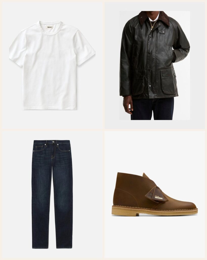 The Hardware Store Run: A Waxed Jacket Over the Easiest Tee and Jeans: Taylor Stitch The Organic Cotton Shop Tee in White, Barbour Bedale Waxed Jacket in Rustic, Frame L'Homme Slim in Baltic, Clarks Desert Boot in Beeswax Leather