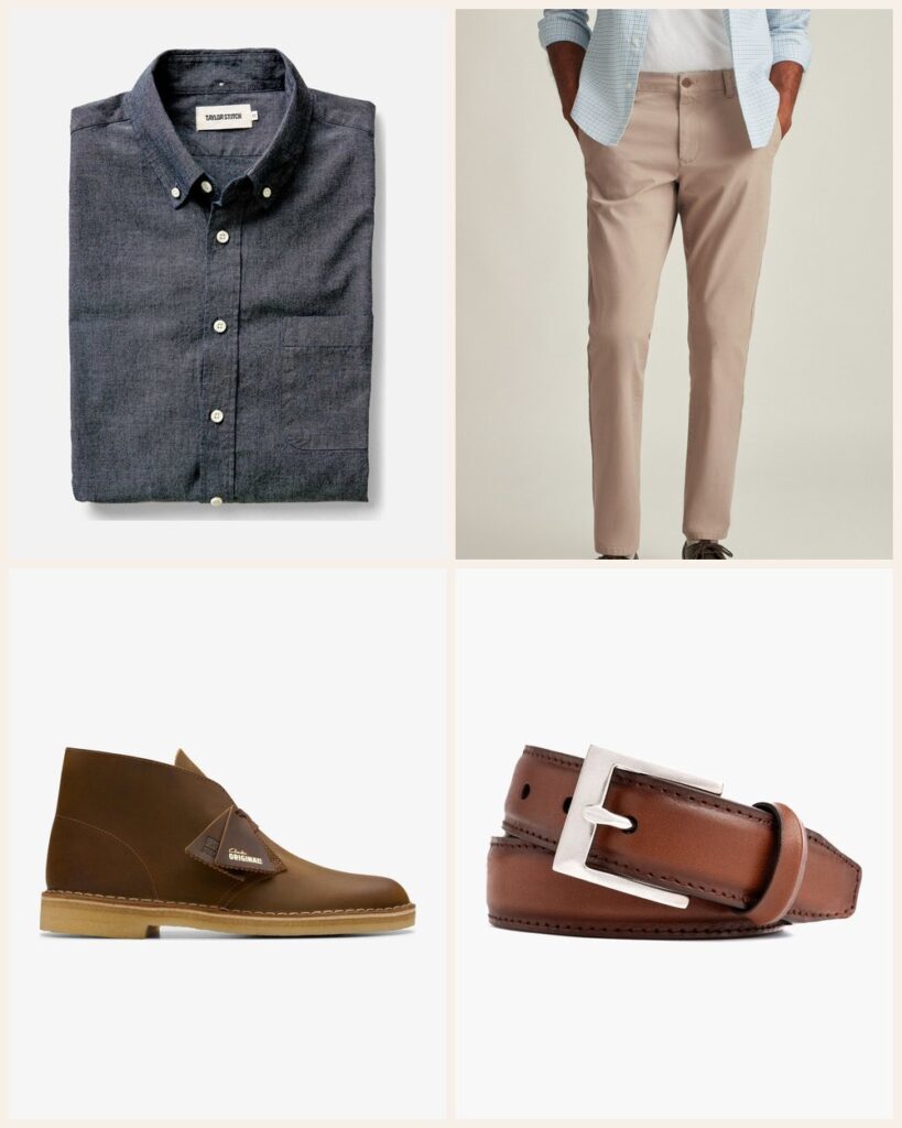 The Casual Friday: Chambray and Khakis That Still Look Put Together: Taylor Stitch The Jack in Rinsed Indigo Chambray in Rinsed Indigo Chambray, Bonobos The Chino 2.0 in The Khakis, Clarks Desert Boot in Beeswax Leather, Thursday Boot Company Men's Classic Leather Belt in Brandy