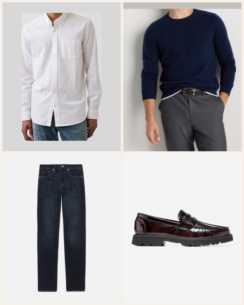 The Neighborhood Bistro: A Collar Under Cashmere for a Relaxed Dinner Out: Gap Oxford Button-Down Shirt in White, Quince Mongolian Cashmere Crewneck Sweater in True Navy, Frame L'Homme Slim in Baltic, Cole Haan American Classics Penny Loafer in Deep Burgundy-Black