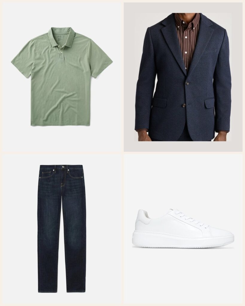 The Brunch Patio: A Knit Blazer Over a Polo for Weekend Polish: Taylor Stitch The Cotton Hemp Polo in Sage, Bonobos Jetsetter Knit Blazer in Navy Marl Twill, Frame L'Homme Slim in Baltic, Cole Haan GrandPro Topspin Sneaker in Optic White