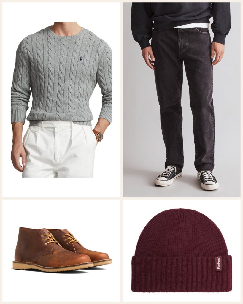 The Saturday Morning Classic: A Grey Cable Knit That Goes With Everything outfit: Polo Ralph Lauren Cable Knit Cotton Crewneck Sweater, Madewell The 1991 Straight Leg Jeans, Red Wing Weekend Chukka Boot, Barbour Danforth Wool & Cashmere Beanie