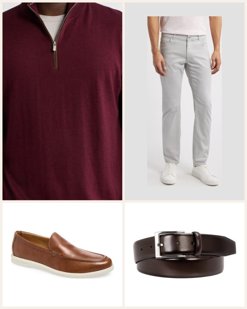 The Clubhouse Lunch: A Burgundy Quarter Zip in a Rich Fall Color outfit: Peter Millar Autumn Crest Suede Trim Quarter Zip Sweater, Peter Millar Crown Crafted Wayfare Five Pocket Pants, Peter Millar Excursionist Venetian Loafer, BOSS Elloy Leather Belt