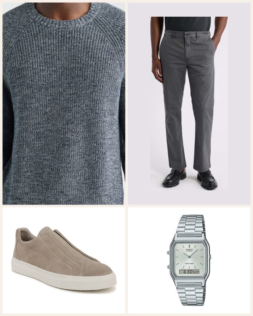The Easy Errand Run: A Blue Marl Crewneck With Slip On Sneakers outfit: Madewell Shaker Stitch Cotton Sweater, Flint & Tinder 365 Straight Leg Chino Pants, Vince Lakewood Sneaker, Casio Vintage Analog/Digital Bracelet Watch