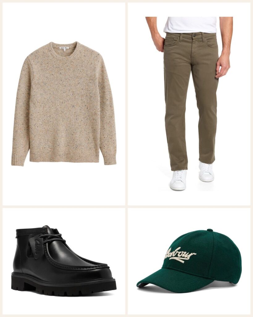 The Farmers Market Morning: An Oatmeal Donegal Knit With Earthy Olive outfit: Alex Mill Donegal Crewneck Merino Wool Blend Sweater, Mavi Jeans Zach Straight Leg Twill Pants, Clarks Cleyhill Top Leather Bootie, Barbour Bowery Wool Blend Baseball Cap