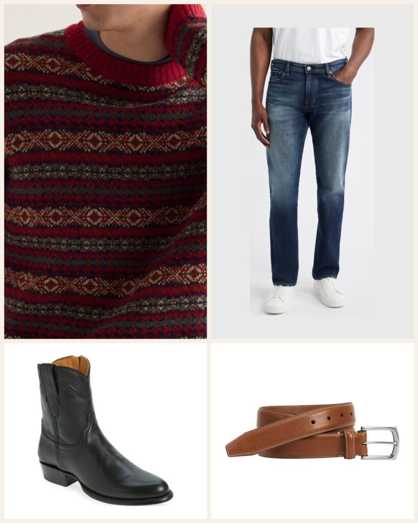 The Mountain Town Weekend: A Fair Isle Sweater With Western Boots outfit: Seasalt Cornwall Carracks Fair Isle Wool Blend Crewneck Sweater, AG Everett Slim Straight Jeans, Tecovas The Dean Western Boot, Johnston & Murphy Topstitch Leather Belt