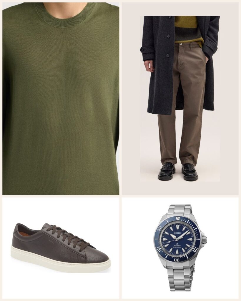 The Smart Casual Friday: A Green Merino Crewneck That Works at the Office outfit: BOSS H-Leno Virgin Wool Crewneck Sweater, NN07 Aden 1923 Classic Fit Stretch Organic Cotton Chinos, BOSS Kieran Low Top Sneaker, Seiko Prospex Sea Diver Automatic Bracelet Watch