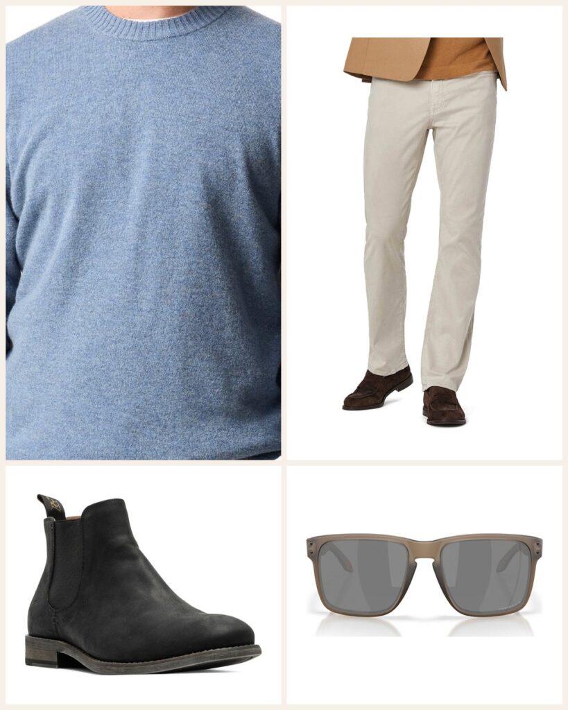 The Crisp Fall Afternoon: A Light Blue Crewneck With Stone Pants outfit: Rodd & Gunn Stewart Island Wool & Cashmere Crewneck Sweater, 34 Heritage Charisma Relaxed Fit Pants, Rodd & Gunn Ealing Chelsea Boot, Oakley Holbrook XL 59mm Prizm Polarized Sunglasses
