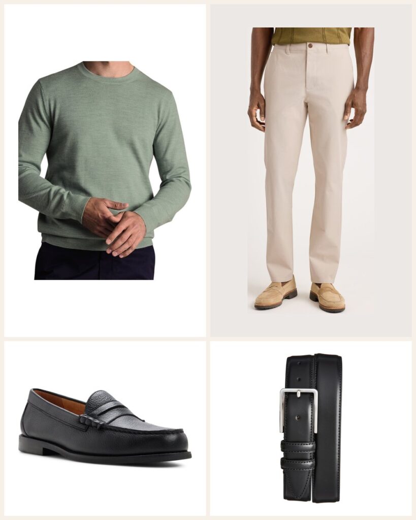 The First Date Pick: A Pale Green Merino With Polished Penny Loafers outfit: Charles Tyrwhitt Pure Merino Crew Neck Sweater, Bonobos The Chino 2.0 Stretch Chinos, G.H.BASS Berkeley Penny Loafer, Nordstrom Travis Leather Belt