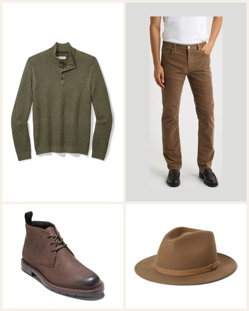 The Leaf Peeping Trip: An Olive Mock Neck With Brown Corduroys outfit: Tommy Bahama Autumn Pier Button Placket Sweater, FRAME Modern Fit Straight Leg Stretch Corduroy Pants, Cole Haan Roundhill Grand Waterproof Chukka Boot, Brixton Messer Packable Wool Fedora