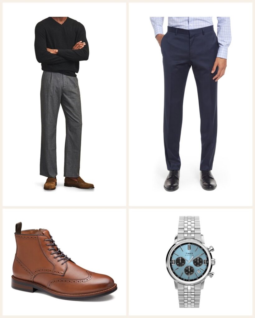The Holiday Dinner Look: A Black Cashmere V Neck That Feels Like a Treat outfit: Naadam The Original Cashmere V-Neck Sweater, BOSS Genius Slim Fit Wool Suit Pants, Johnston & Murphy Durham Waterproof Cap Toe Boot, Timex Marlin Chronograph Bracelet Watch