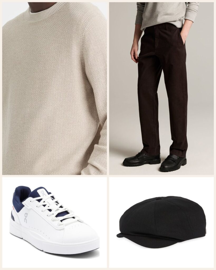 The Clean Cut Weekend: A Cream Jacquard Crewneck With White Sneakers outfit: Vince Geometric Jacquard Wool & Cotton Blend Crewneck Sweater, Vince Owen Stretch Cotton Chinos, On THE ROGER Advantage Tennis Sneaker, Brixton Brood Driving Cap