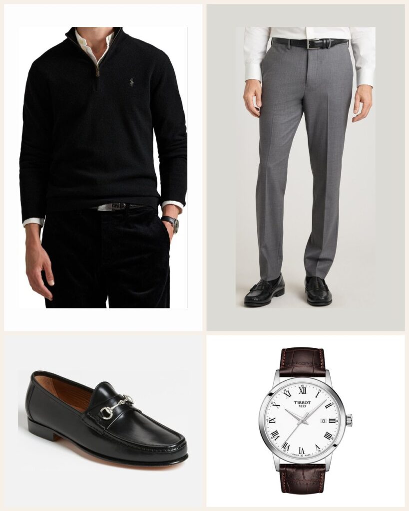 The Office Day Upgrade: A Black Quarter Zip That Looks Sharp Without a Blazer outfit: Polo Ralph Lauren Regular Fit Wool Quarter Zip Sweater, Bonobos Wool Blend Dress Pants, Allen Edmonds Verona II Bit Loafer, Tissot Classic Dream Leather Strap Watch