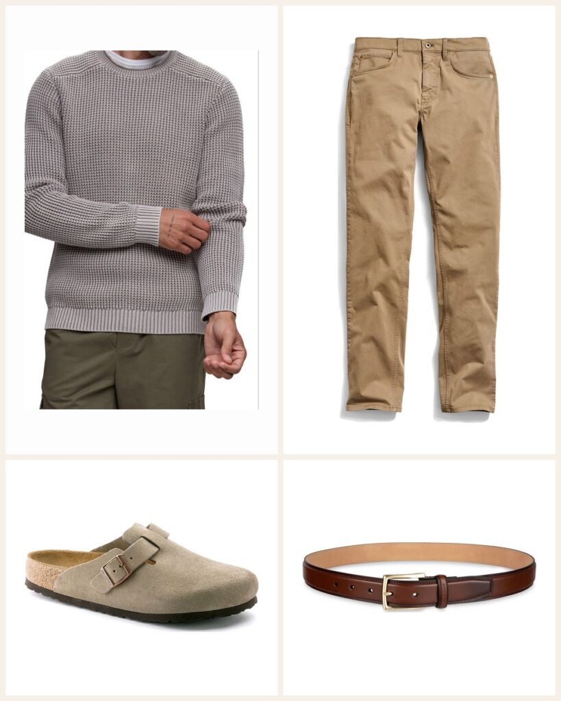 The Work From Home Hero: A Grey Roll Neck With Comfy Suede Clogs outfit: Barefoot Dreams Sunbleached Roll Neck Cotton Sweater, Billy Reid Cochran Stretch Cotton Five Pocket Pants, Birkenstock Boston Soft Clog, Cole Haan Burnished Edge Leather Belt