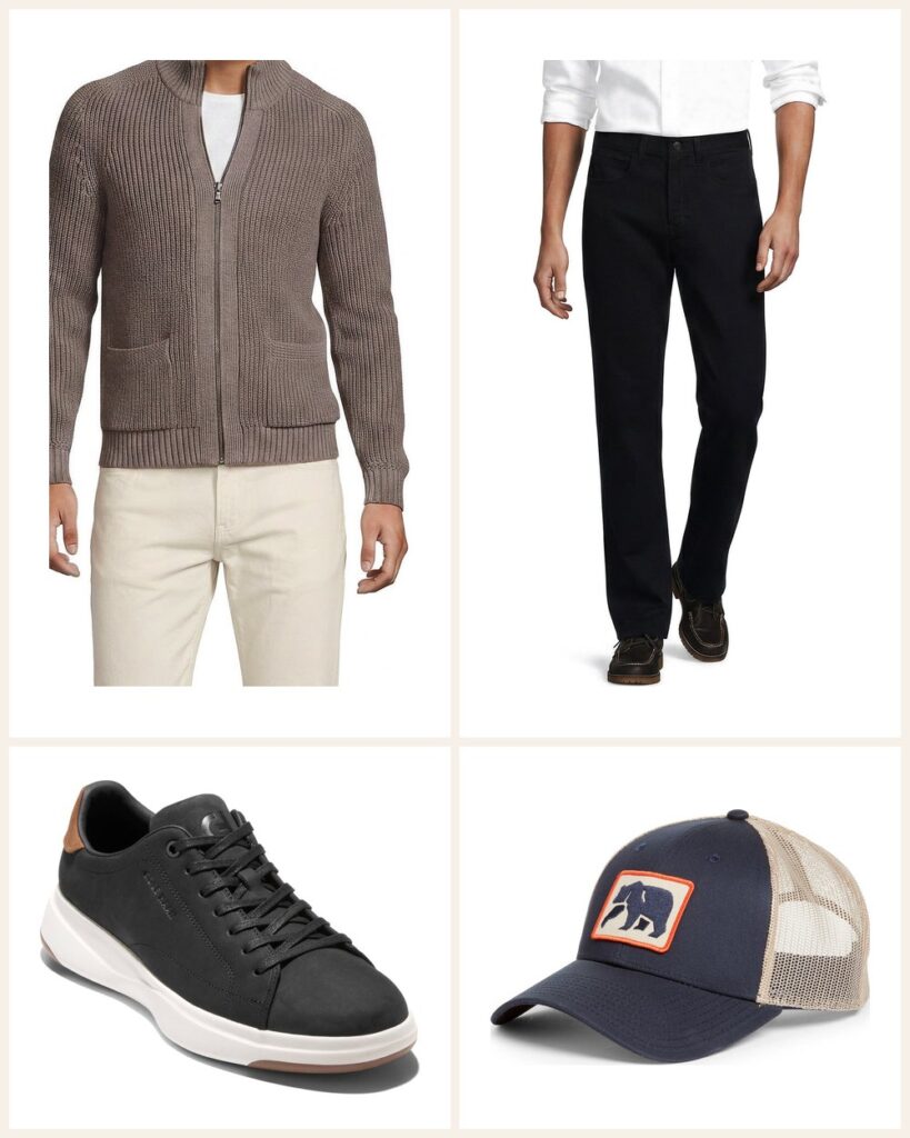 The Travel Day Layer: A Full Zip Cardigan You Can Wear Through the Airport outfit: Lands' End Drifter Full Zip Cardigan Sweater, Lands' End Travel Kit Classic Straight Fit 5 Pocket Pant, Cole Haan GrandPro Tennis 2.0 Sneaker, The Normal Brand Dano Trucker Hat