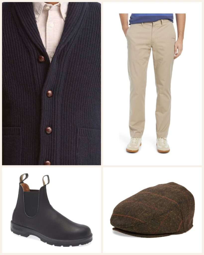 The Cozy Weekend Host: A Navy Shawl Cardigan for Slow Sunday Afternoons outfit: Barbour Hartland Shawl Collar Wool Cardigan, Polo Ralph Lauren Bedford Straight Fit Chino Pants, Blundstone Classic Chelsea Boot, Barbour Wilkin Herringbone Driving Cap