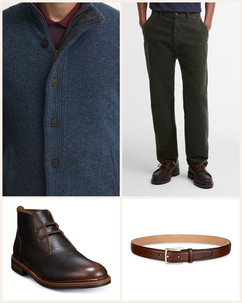 The Bookshop Wander: An Indigo Cardigan With Old School Elbow Patches outfit: Barbour Elbow Patch Wool Cardigan, Barbour Moleskin Tailored Fit Pants, Allen Edmonds Chandler Chukka Boot, Cole Haan Burnished Edge Leather Belt