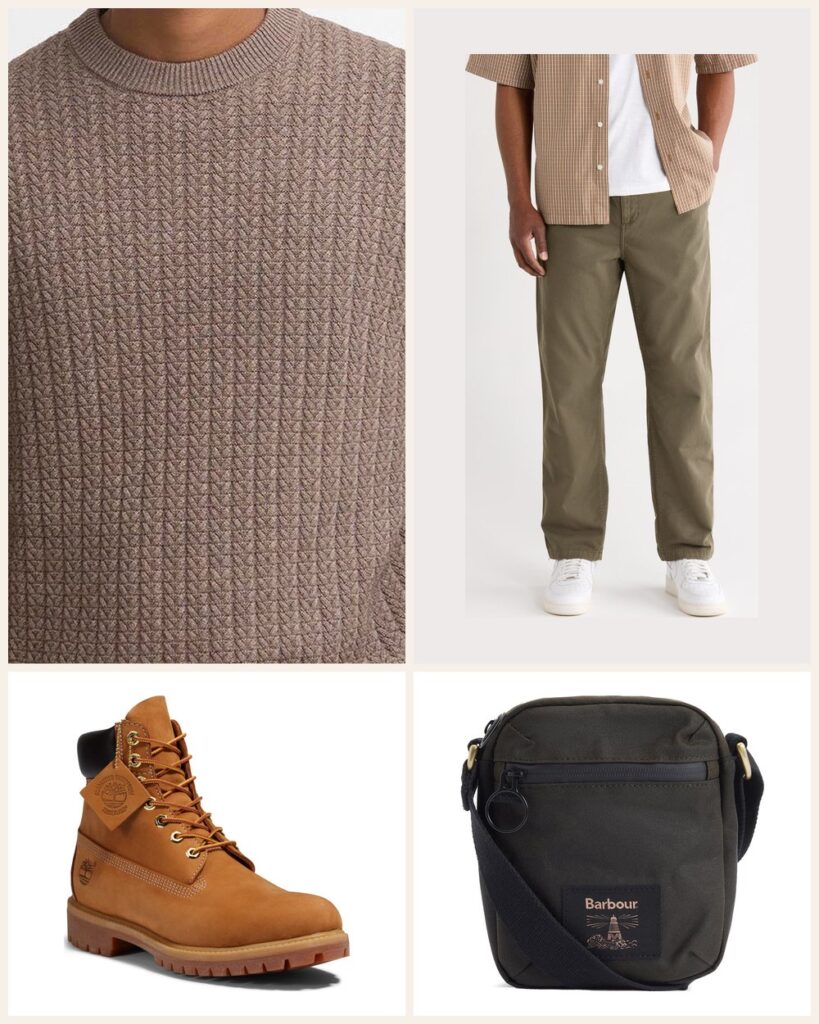 The Cabin Weekend: A Rugged Herringbone Knit Built for Cold Mornings Outside outfit: Barbour Herringbone Knit Crewneck Sweater, Carhartt Work In Progress Flint Straight Leg Twill Pants, Timberland Premium 6-Inch Waterproof Boot, Barbour Field Waxed Cotton Crossbody Bag