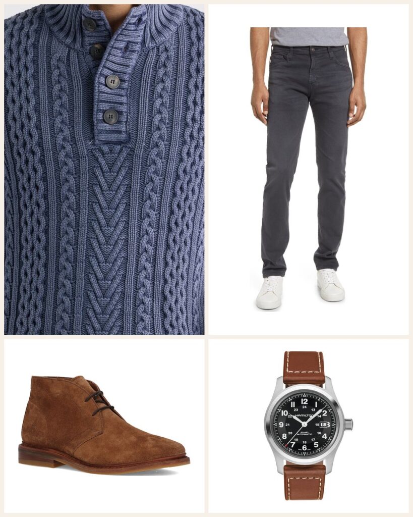 The Coastal Fisherman: A Navy Cable Knit That Looks Better With Age outfit: Schott NYC Cable Knit Fisherman's Sweater, AG Tellis Slim Fit Jeans, Frye Paul Suede Chukka Boot, Hamilton Khaki Field Automatic Leather Strap Watch