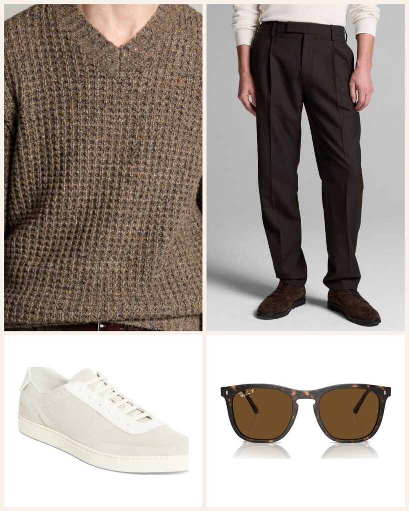 The Gallery Opening: A Donegal V Neck With Relaxed Pleated Trousers outfit: Vince Waffle Donegal V-Neck Sweater, Vince Owen Refined Twill Pants, Common Projects Court Classic Sneaker, Ray-Ban 53mm Polarized Square Sunglasses