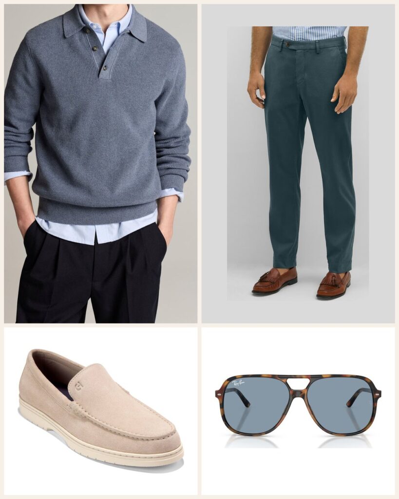 The Weekend Brunch: A Blue Sweater Polo That Looks Dressed Up Without Trying outfit: Vince Heirloom Shaker Long Sleeve Polo Sweater, Brooks Brothers Straight Leg Chino Pants, Cole Haan Greenwich Grand Venetian Loafer, Ray-Ban Bill 56mm Aviator Sunglasses