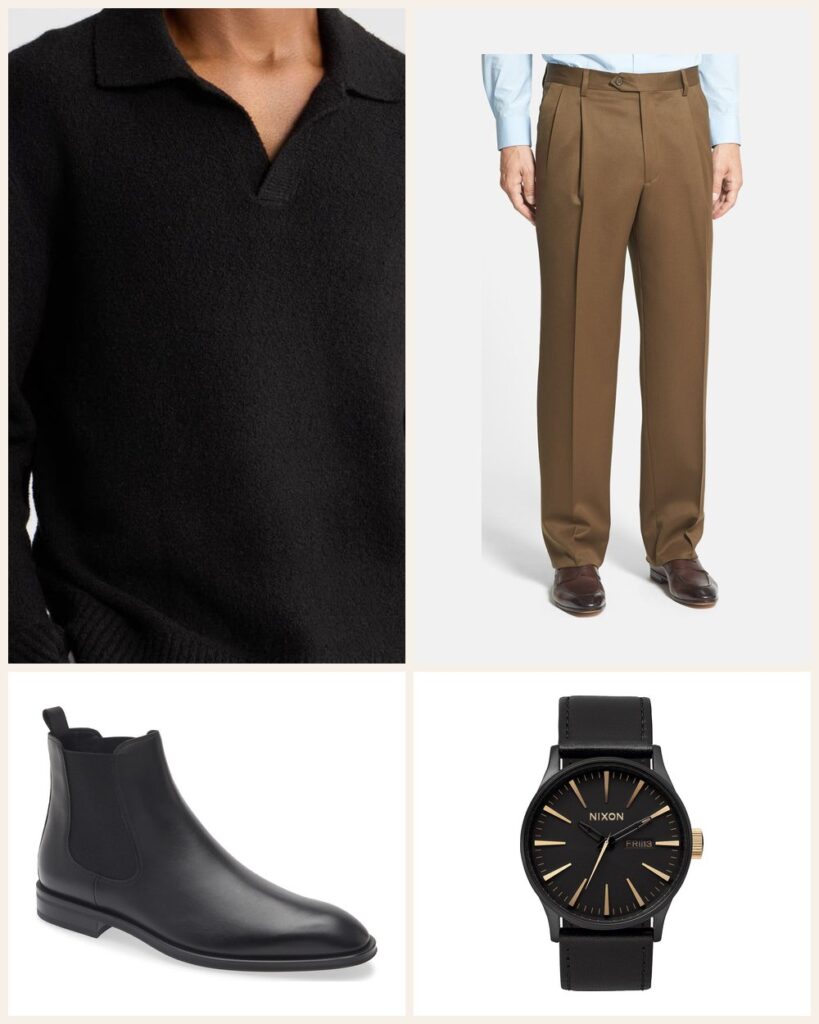 The Cocktail Bar Look: A Black Boucle Polo Made for Nights Out outfit: Open Edit Boucle Polo Sweater, Berle Pleated Classic Fit Wool Gabardine Dress Pants, BOSS Chelsea Boot, Nixon The Sentry Leather Strap Watch