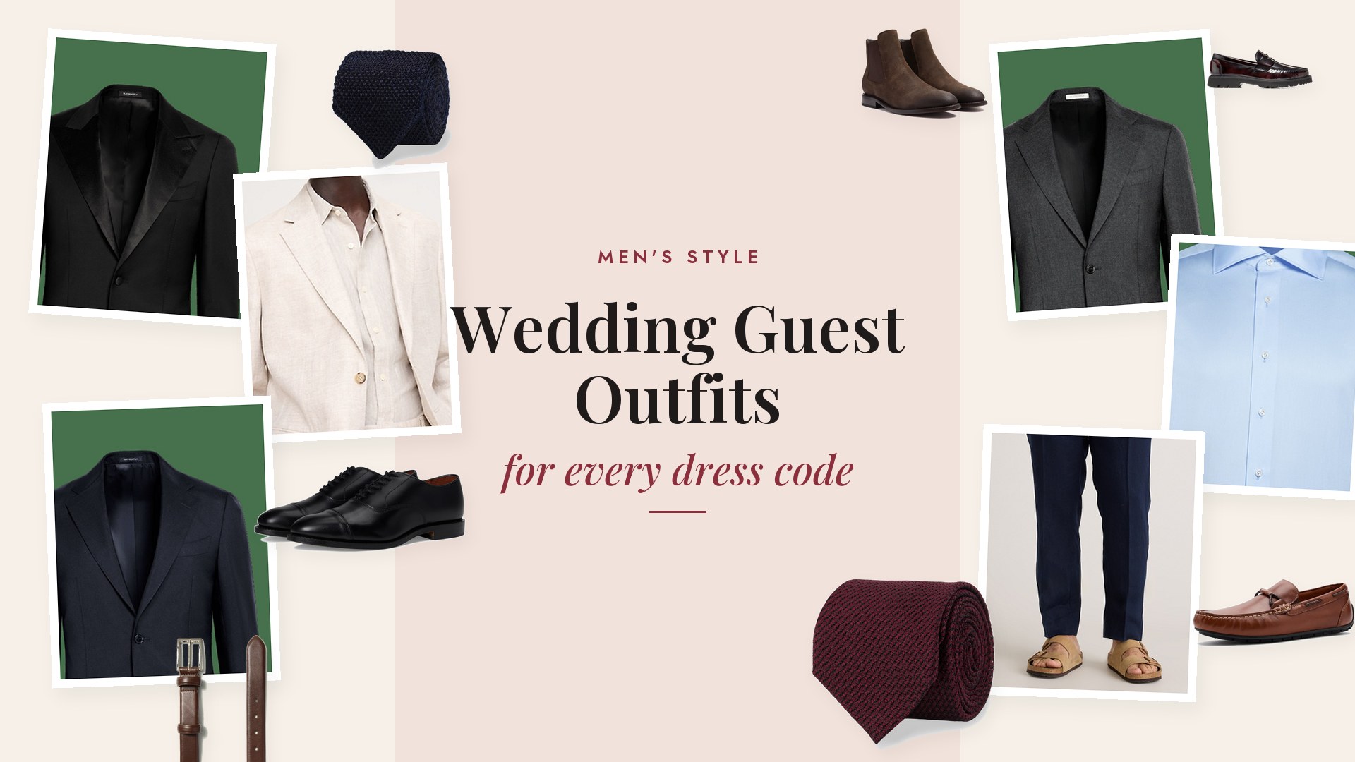 Collage of men's wedding guest pieces including a black Suitsupply tuxedo, navy and dark gray suits, white and light blue dress shirts, a burgundy grenadine tie, a navy knit tie, a natural linen suit jacket, a heather grey knit blazer, tan and navy trousers, black oxfords, burgundy penny loafers, brown suede Chelsea boots and tan bit loafers