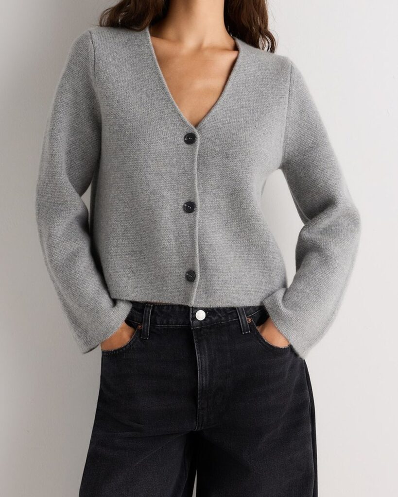 Quince Mongolian Cashmere Structured V-Neck Cardigan in Heather Grey