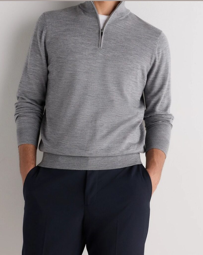 Quince Worsted Merino Wool Quarter Zip Sweater in Light Heather Grey