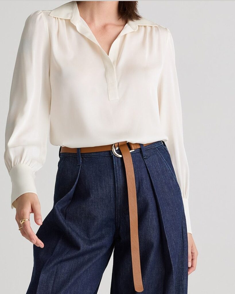 Quince Washable Stretch Silk Split Neck Blouse in Ivory