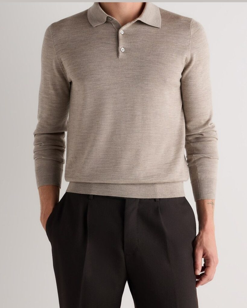 Quince Worsted Merino Wool Sweater Polo in Tan Heather