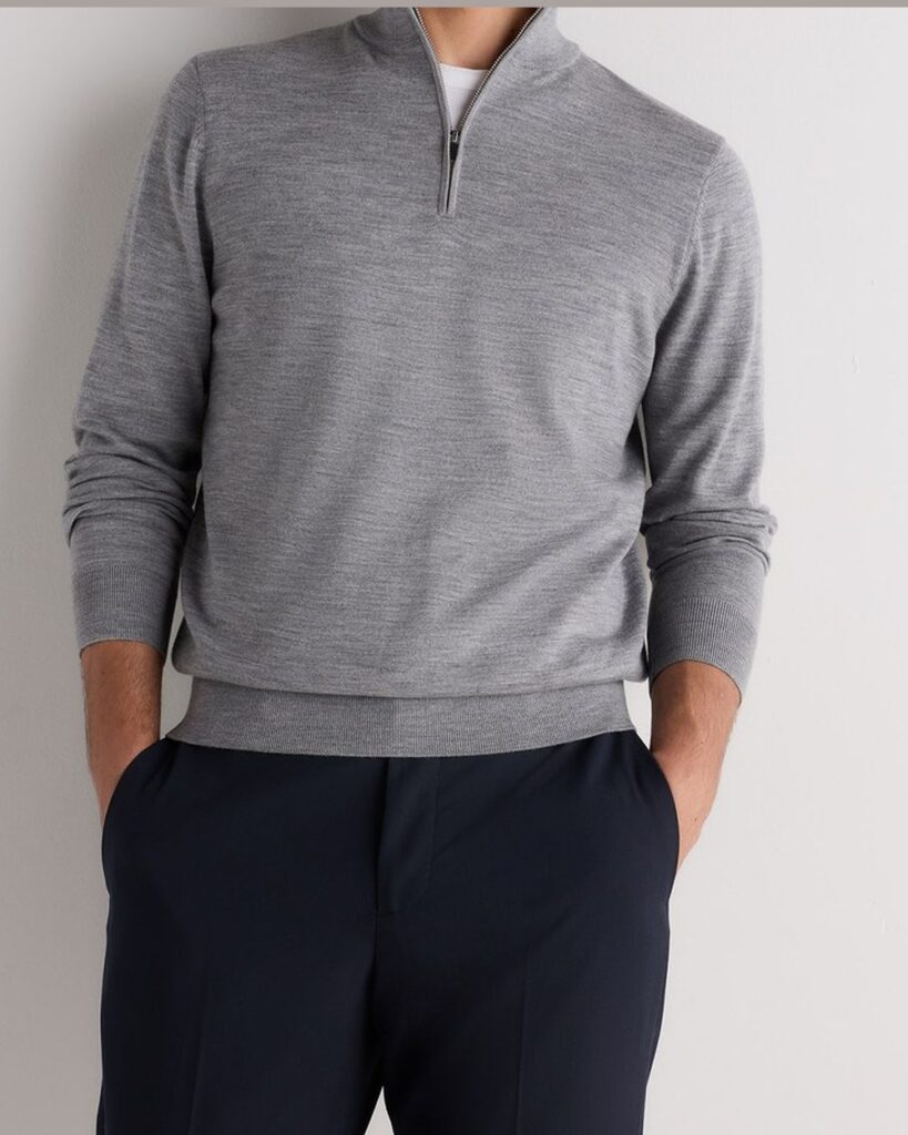 Quince Worsted Wool Quarterzip in Light Heather Grey