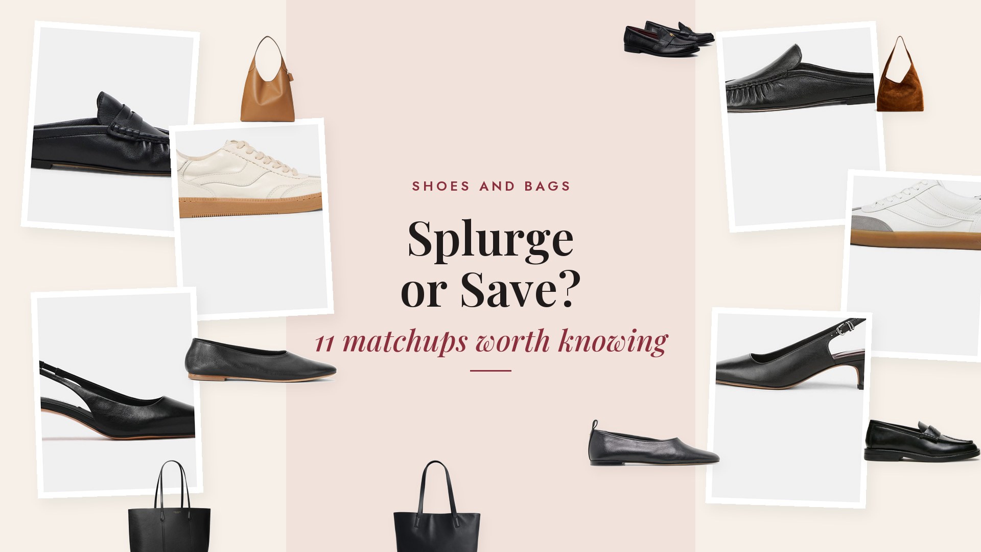 Collage of designer shoes and bags next to lookalike versions: black ballet flats, black penny loafers, black knee high boots, black block heel ankle boots, black kitten heel slingbacks, white leather sneakers, black backless loafers, a tan leather hobo and a whiskey suede hobo, black leather totes, black chain crossbody bags and brown gathered clutches