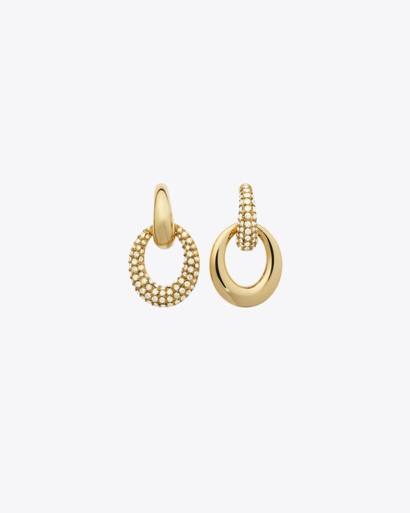 Tory Burch Pierced Pave Doorknocker Earrings in Light Brass / Crystal
