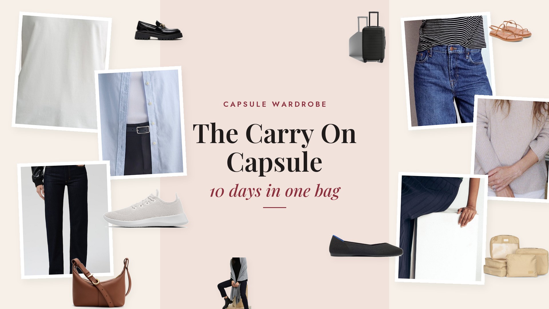Collage of travel capsule pieces: black joggers, a navy long sleeve tee, a grey zip hoodie, white sneakers, a white tee, a navy striped top, a light blue shirt, a black silk tee, an oatmeal cashmere sweater, black trousers, dark jeans, a navy knit skirt, a camel short trench, a black cardigan, black flats, black loafers, tan sandals, a black carry on suitcase, oatmeal packing cubes, a brown crossbody bag, a grey cashmere wrap and a black jewelry case