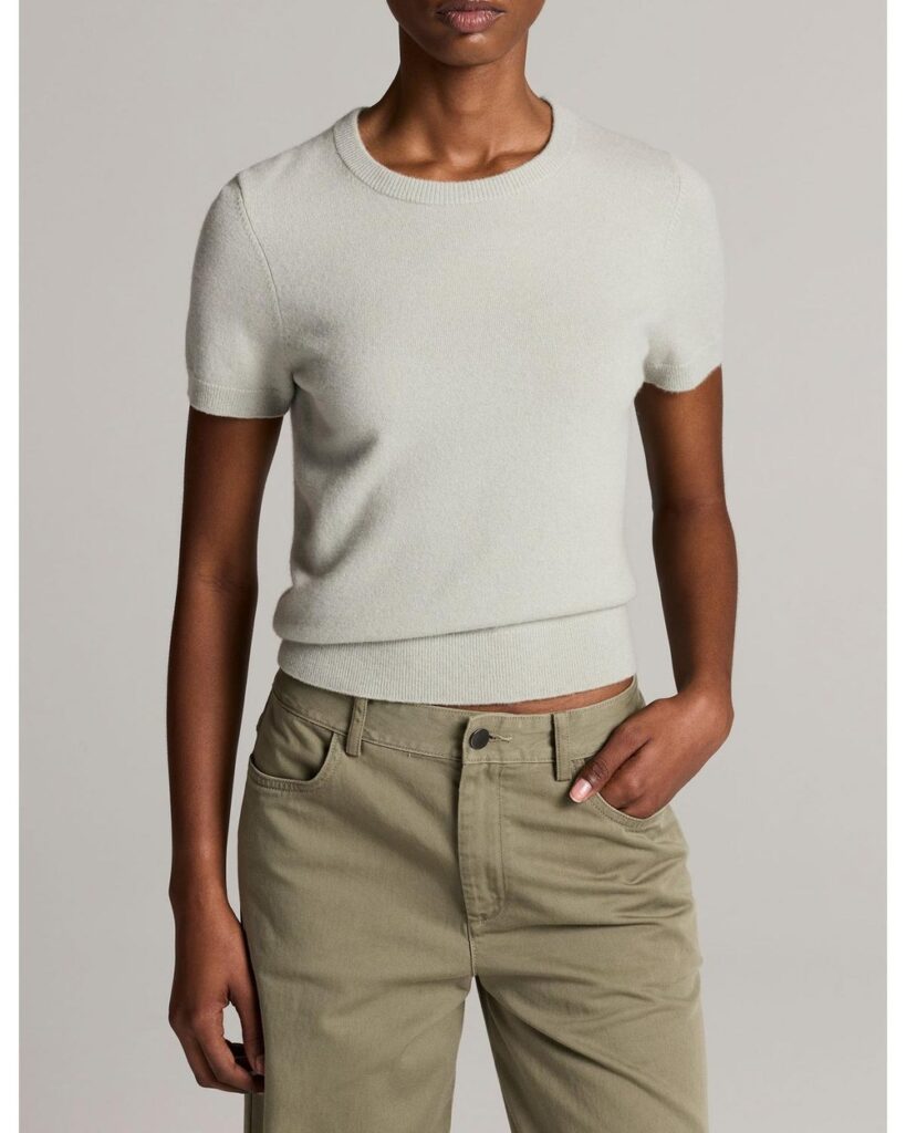 Vince Wool & Cashmere-Blend Short-Sleeve Sweater in Stone Sage