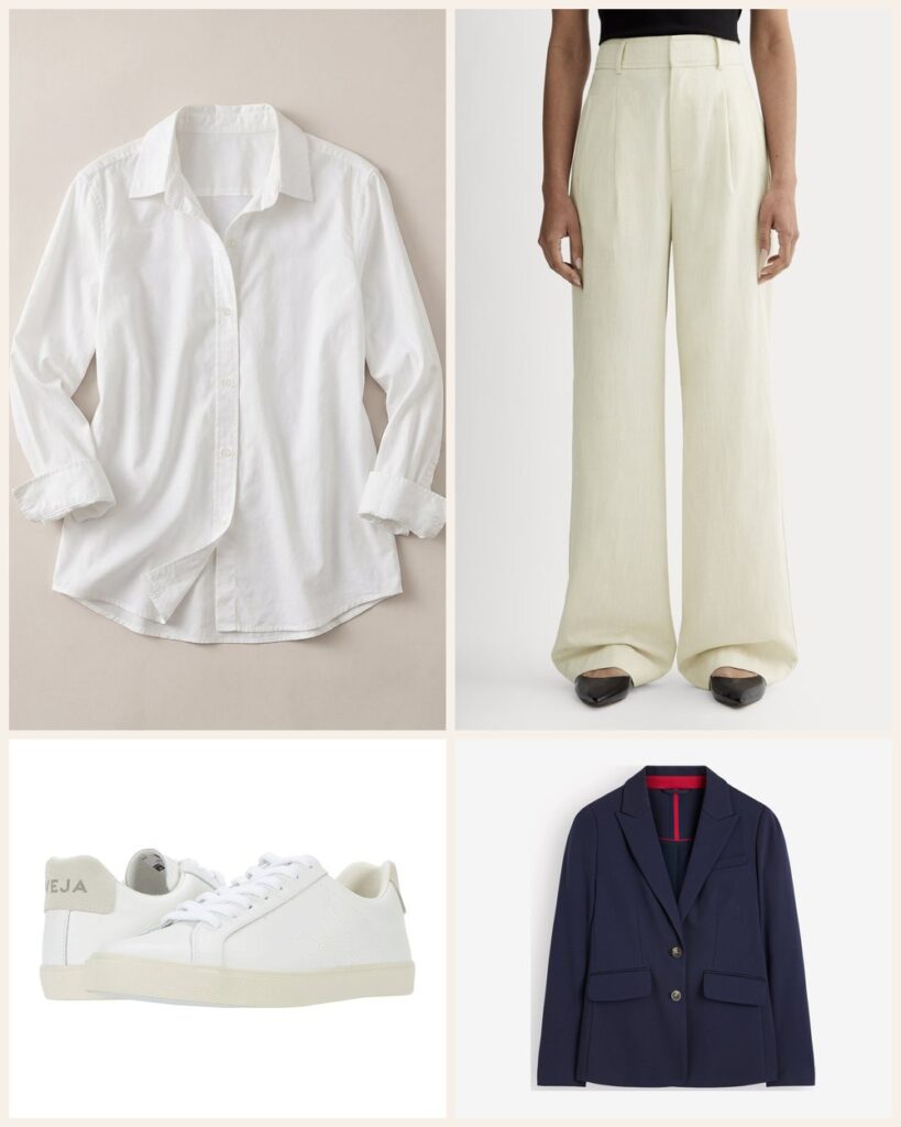 Office Ready: A Crisp White Shirt and Navy Blazer Look That Lets Your Sneakers Clock In outfit: Quince 100% Organic Cotton Poplin Long Sleeve Shirt, Everlane The Draper Pleated Pant in Buttersmooth, VEJA Women's VEJA Esplar, Boden Stamford Ponte Blazer